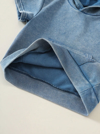 2pcs Baby Boy Summer Casual Hooded Denim Short Sleeve Top And Cargo Denim Pants Knit Denim Set Suitable For Daily Casual, Sports, Back To School
