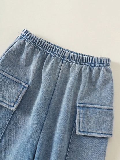 2pcs Baby Boy Summer Casual Hooded Denim Short Sleeve Top And Cargo Denim Pants Knit Denim Set Suitable For Daily Casual, Sports, Back To School