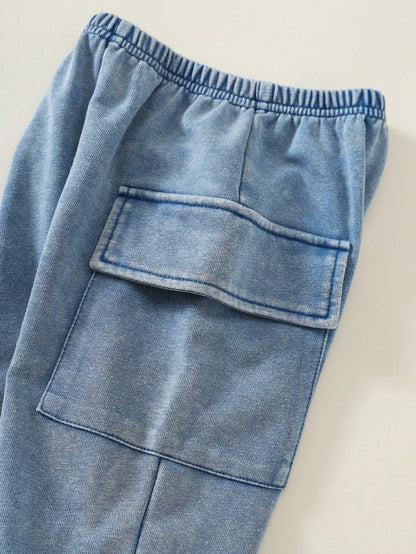 2pcs Baby Boy Summer Casual Hooded Denim Short Sleeve Top And Cargo Denim Pants Knit Denim Set Suitable For Daily Casual, Sports, Back To School
