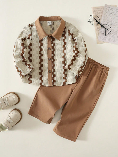 2pcs Baby Boy Toddler Boy Striped Long Sleeve Single-Breasted Shirt And Pants Casual Set Back To School Clothes Fall Clothes