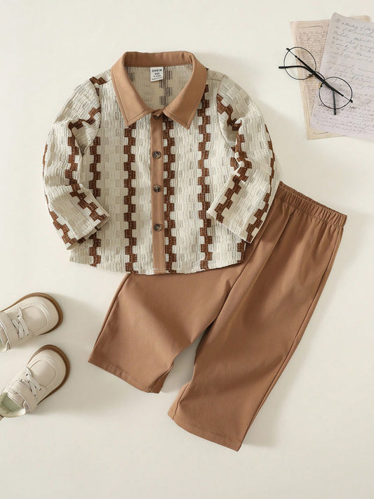 2pcs Baby Boy Toddler Boy Striped Long Sleeve Single-Breasted Shirt And Pants Casual Set Back To School Clothes Fall Clothes