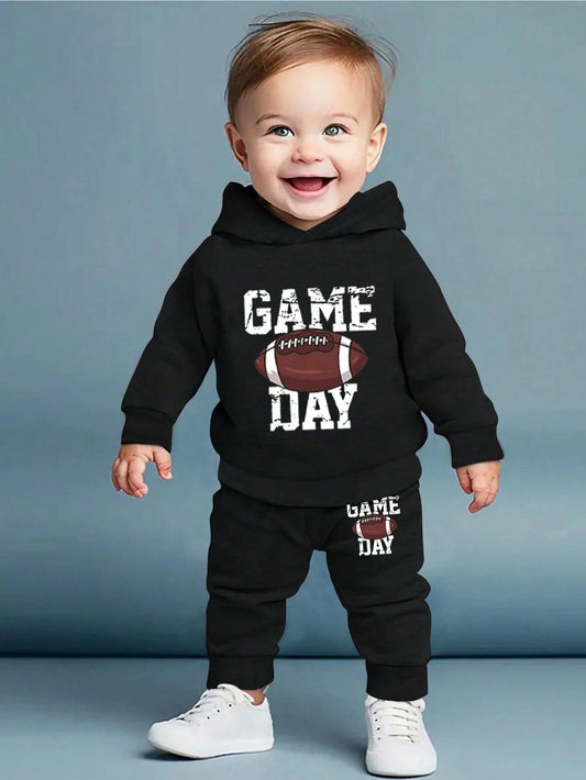 2pcs Baby Boys' Football Letter Print Hooded Sweatshirt And Pants Set, Spring/Fall