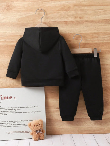 2pcs Baby Boys' Football Letter Print Hooded Sweatshirt And Pants Set, Spring/Fall