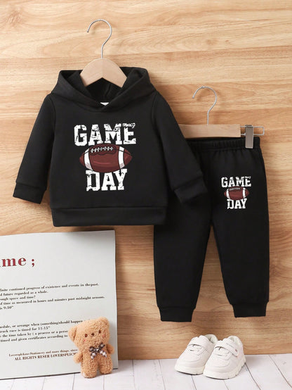 2pcs Baby Boys' Football Letter Print Hooded Sweatshirt And Pants Set, Spring/Fall