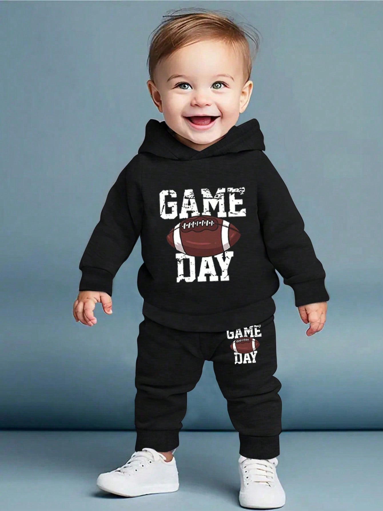 2pcs Baby Boys' Football Letter Print Hooded Sweatshirt And Pants Set, Spring/Fall