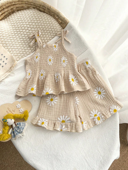2pcs Baby Girl Cute Print Bowknot Camisole & Shorts Set, Thin Summer Casual