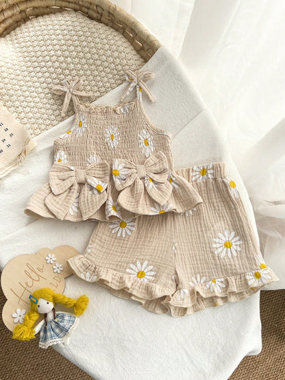 2pcs Baby Girl Cute Print Bowknot Camisole & Shorts Set, Thin Summer Casual