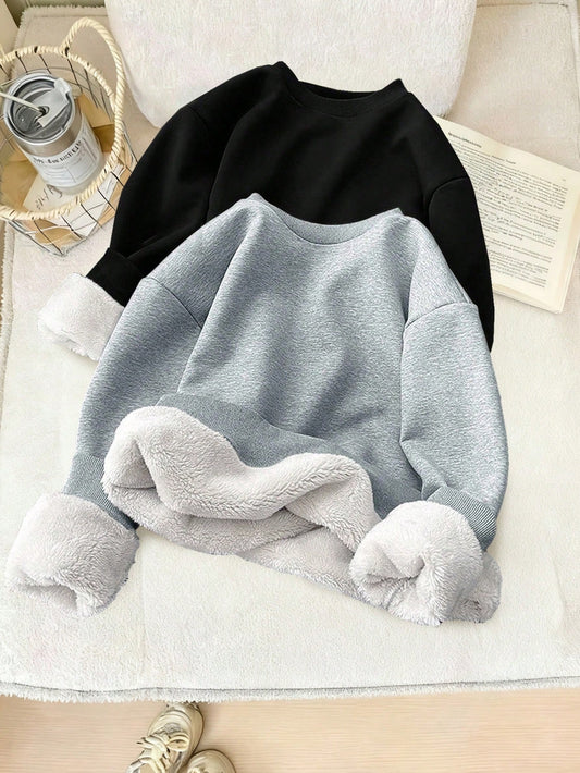 2pcs Baby Girl Cute Versatile Casual Knitted Thermal Lined Long Sleeve Sweatshirt, Autumn/Winter Fall