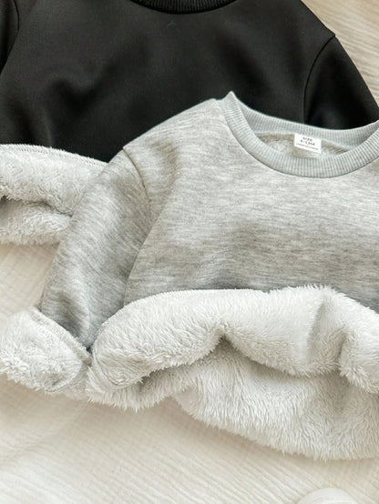 2pcs Baby Girl Cute Versatile Casual Knitted Thermal Lined Long Sleeve Sweatshirt, Autumn/Winter Fall