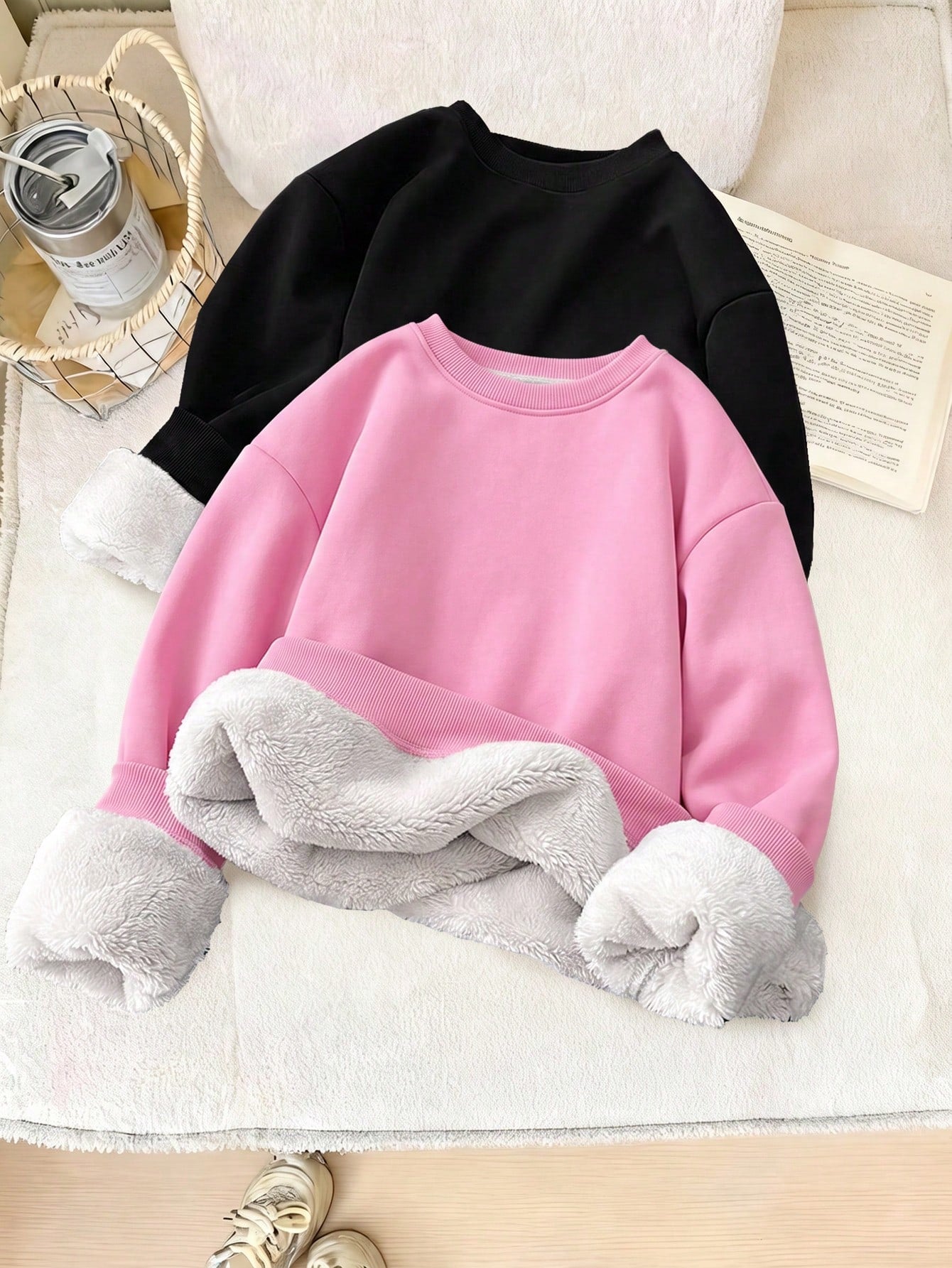 2pcs Baby Girl Cute Versatile Casual Knitted Thermal Lined Long Sleeve Sweatshirt, Autumn/Winter Fall
