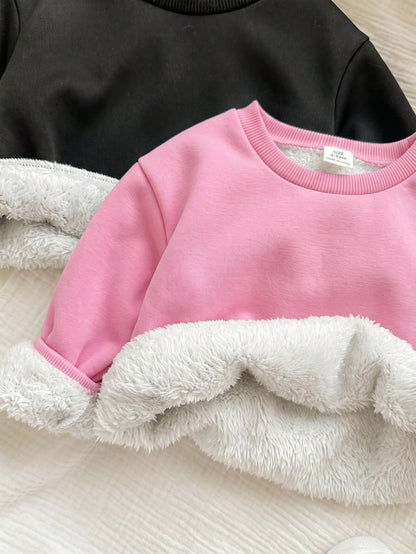 2pcs Baby Girl Cute Versatile Casual Knitted Thermal Lined Long Sleeve Sweatshirt, Autumn/Winter Fall