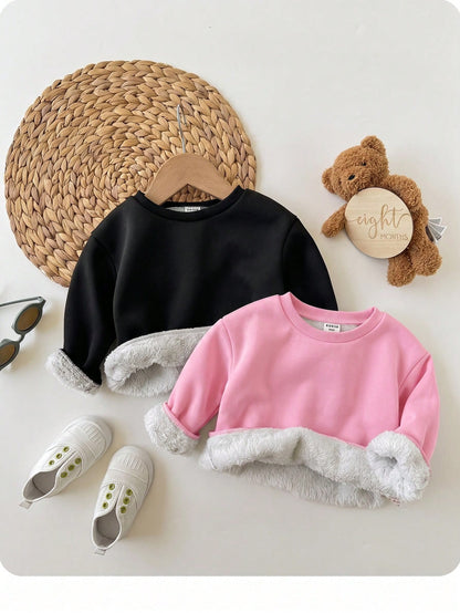 2pcs Baby Girl Cute Versatile Casual Knitted Thermal Lined Long Sleeve Sweatshirt, Autumn/Winter Fall