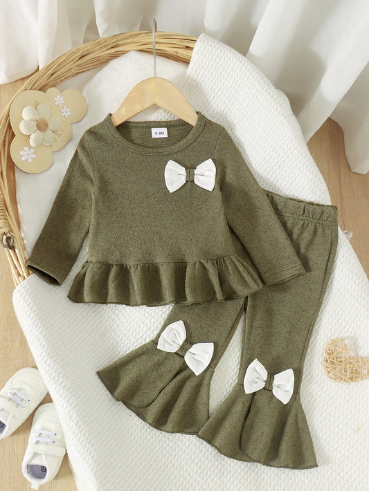 2pcs Baby Girl Forest Style 3D Bow Ruffle Long Sleeve Top & Flared Pants Set, Spring/Autumn Thin