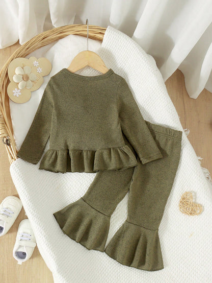 2pcs Baby Girl Forest Style 3D Bow Ruffle Long Sleeve Top & Flared Pants Set, Spring/Autumn Thin