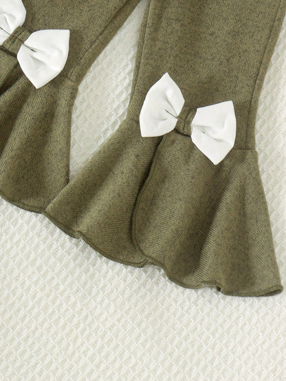 2pcs Baby Girl Forest Style 3D Bow Ruffle Long Sleeve Top & Flared Pants Set, Spring/Autumn Thin
