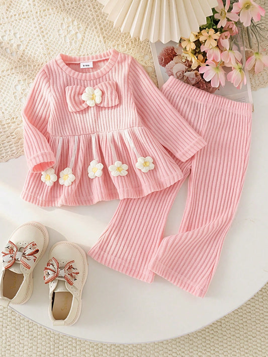 2pcs Baby Girl Sweet Cute Knitted Round Neck Long Sleeve Big Bow 3D Floral T-Shirt & Flare Pants Thin Spring/Autumn Set
