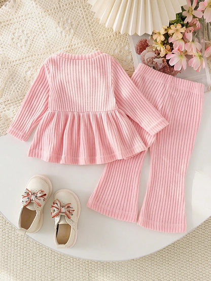 2pcs Baby Girl Sweet Cute Knitted Round Neck Long Sleeve Big Bow 3D Floral T-Shirt & Flare Pants Thin Spring/Autumn Set