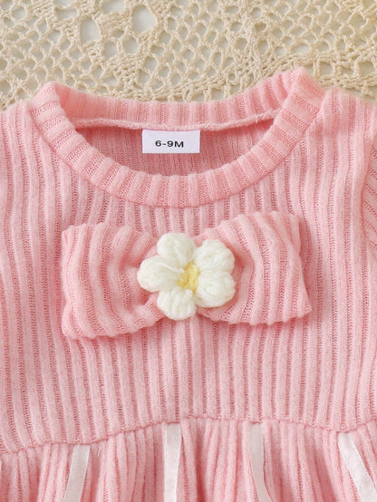 2pcs Baby Girl Sweet Cute Knitted Round Neck Long Sleeve Big Bow 3D Floral T-Shirt & Flare Pants Thin Spring/Autumn Set
