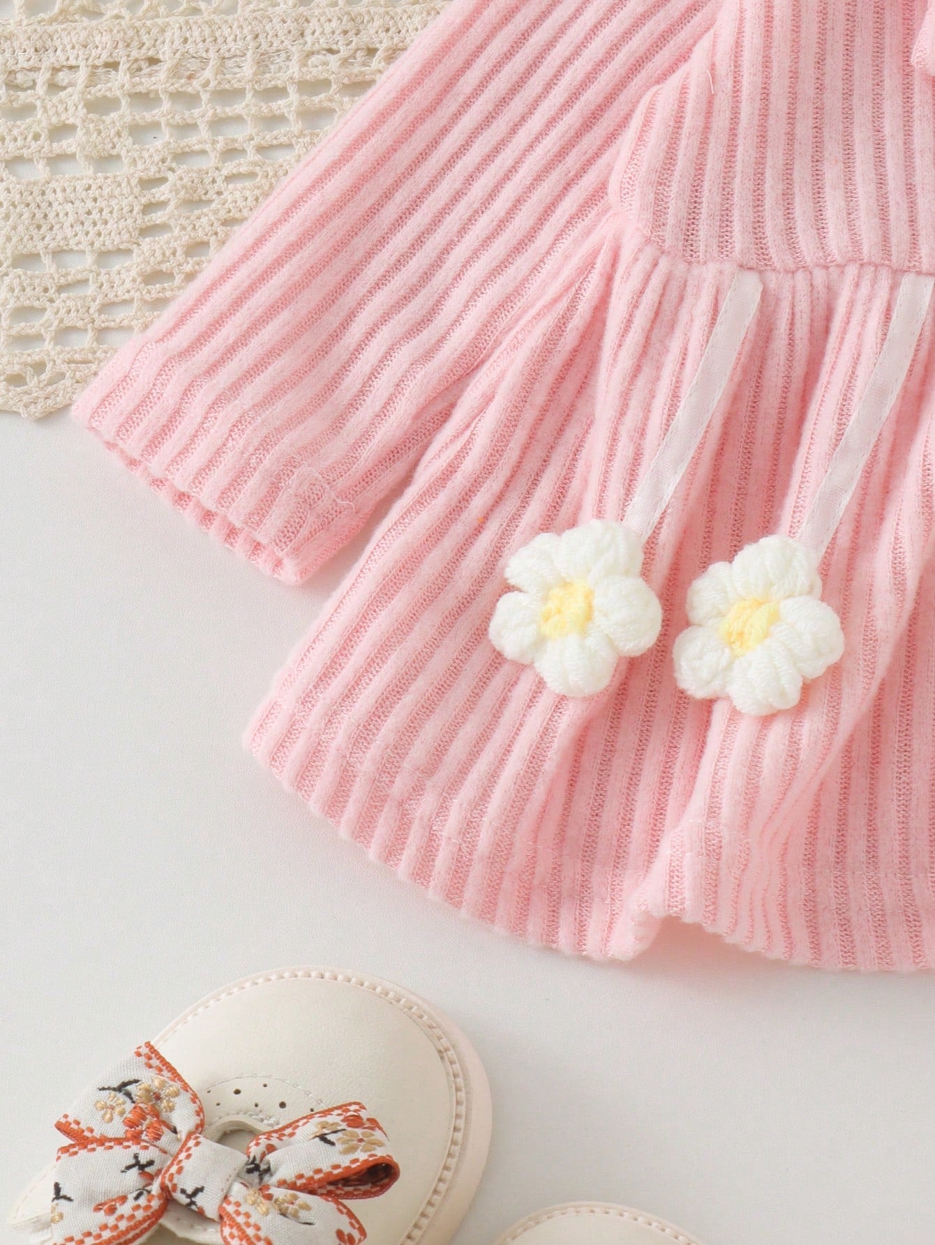 2pcs Baby Girl Sweet Cute Knitted Round Neck Long Sleeve Big Bow 3D Floral T-Shirt & Flare Pants Thin Spring/Autumn Set