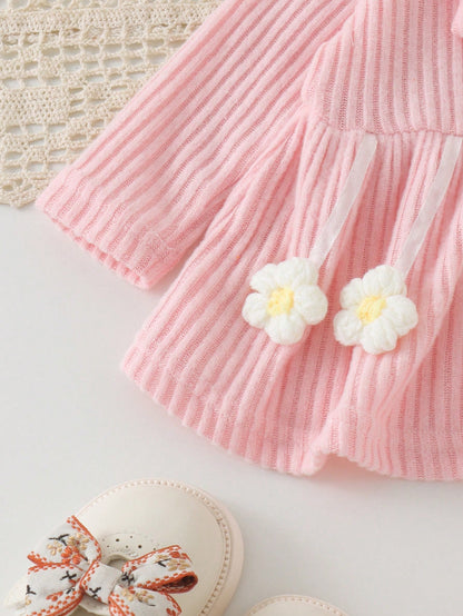 2pcs Baby Girl Sweet Cute Knitted Round Neck Long Sleeve Big Bow 3D Floral T-Shirt & Flare Pants Thin Spring/Autumn Set