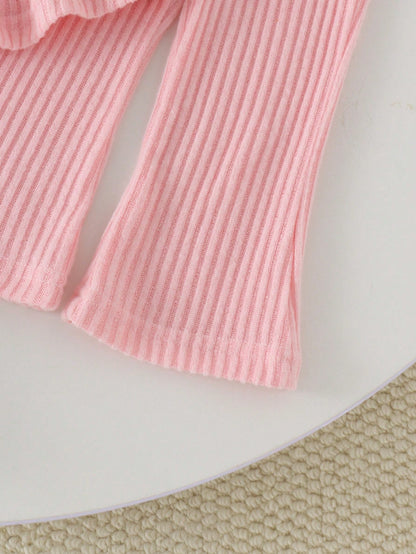 2pcs Baby Girl Sweet Cute Knitted Round Neck Long Sleeve Big Bow 3D Floral T-Shirt & Flare Pants Thin Spring/Autumn Set