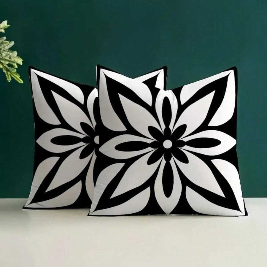 2PCS Black And White Mandala Floral Square Pillow Cover, Minimalist Modern Bohemian Neutral Home Decor Pillow Cover, Single-Sided, Pillow Insert Not Included