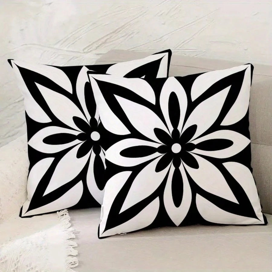 2PCS Black And White Mandala Floral Square Pillow Cover, Minimalist Modern Bohemian Neutral Home Decor Pillow Cover, Single-Sided, Pillow Insert Not Included