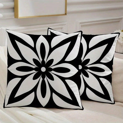 2PCS Black And White Mandala Floral Square Pillow Cover, Minimalist Modern Bohemian Neutral Home Decor Pillow Cover, Single-Sided, Pillow Insert Not Included