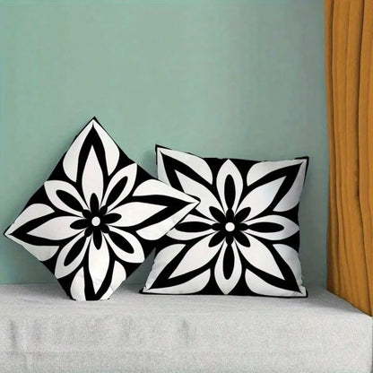 2PCS Black And White Mandala Floral Square Pillow Cover, Minimalist Modern Bohemian Neutral Home Decor Pillow Cover, Single-Sided, Pillow Insert Not Included