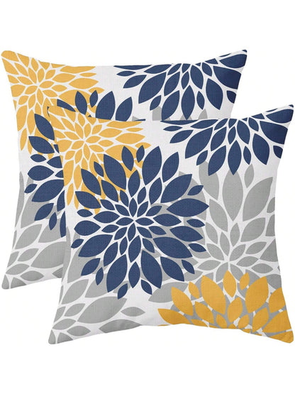 2pcs Blue & Yellow Pillowcase, Gray Gerbera Outdoor Decorative Pillow, Modern Geometric Art Farmhouse Style Pillowcase, Linen Throw Pillow Cover, Home Sofa Bed Decor (Pillow Insert Not Included)