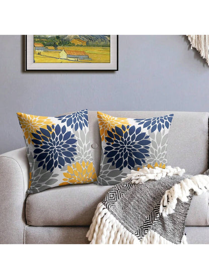 2pcs Blue & Yellow Pillowcase, Gray Gerbera Outdoor Decorative Pillow, Modern Geometric Art Farmhouse Style Pillowcase, Linen Throw Pillow Cover, Home Sofa Bed Decor (Pillow Insert Not Included)