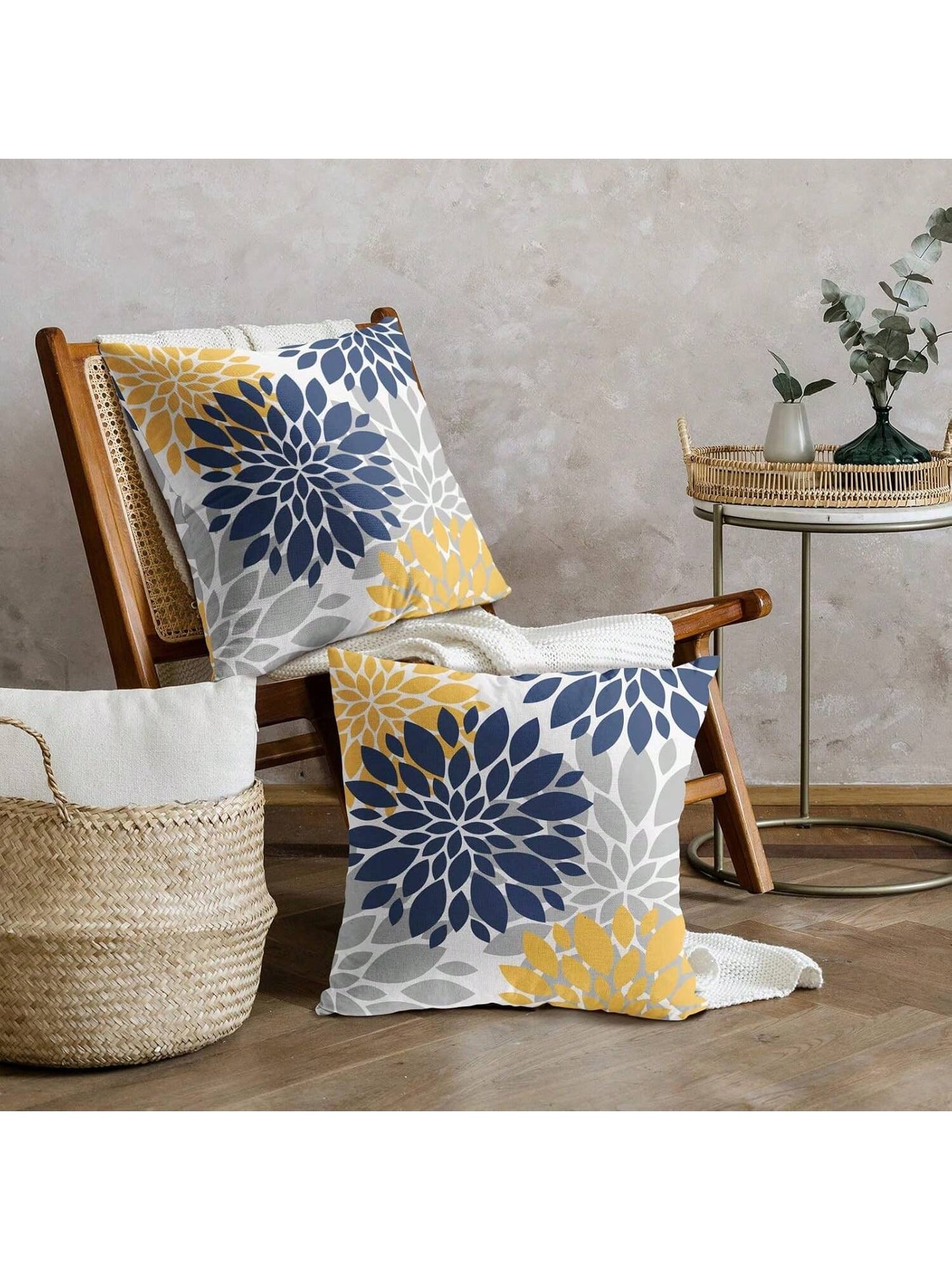 2pcs Blue & Yellow Pillowcase, Gray Gerbera Outdoor Decorative Pillow, Modern Geometric Art Farmhouse Style Pillowcase, Linen Throw Pillow Cover, Home Sofa Bed Decor (Pillow Insert Not Included)