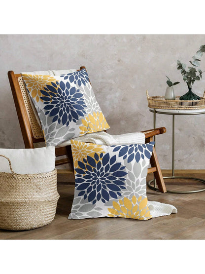2pcs Blue & Yellow Pillowcase, Gray Gerbera Outdoor Decorative Pillow, Modern Geometric Art Farmhouse Style Pillowcase, Linen Throw Pillow Cover, Home Sofa Bed Decor (Pillow Insert Not Included)