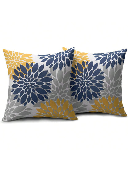 2pcs Blue & Yellow Pillowcase, Gray Gerbera Outdoor Decorative Pillow, Modern Geometric Art Farmhouse Style Pillowcase, Linen Throw Pillow Cover, Home Sofa Bed Decor (Pillow Insert Not Included)