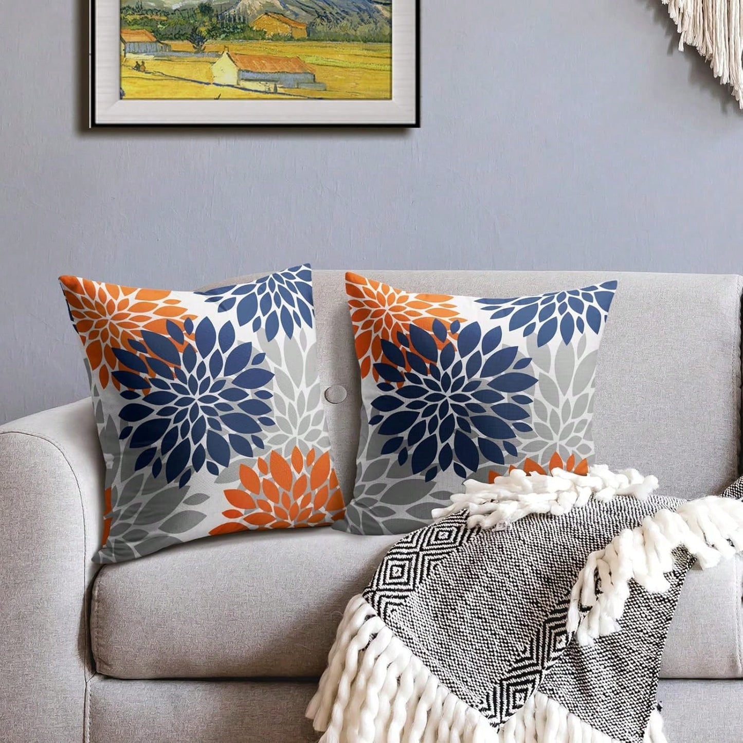 2pcs Blue & Yellow Pillowcase, Gray Gerbera Outdoor Decorative Pillow, Modern Geometric Art Farmhouse Style Pillowcase, Linen Throw Pillow Cover, Home Sofa Bed Decor (Pillow Insert Not Included)