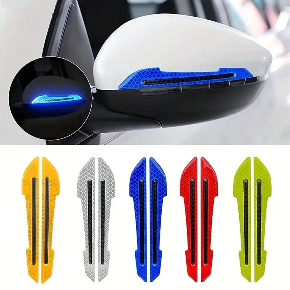 2pcs Car Rearview Mirror Reflective Stickers- Durable, Easy To Install Safety Warning Stickers, Vibrant Colors (Red, Blue, White, Yellow, Green), Rearview Mirror Anti-Collision Stickers