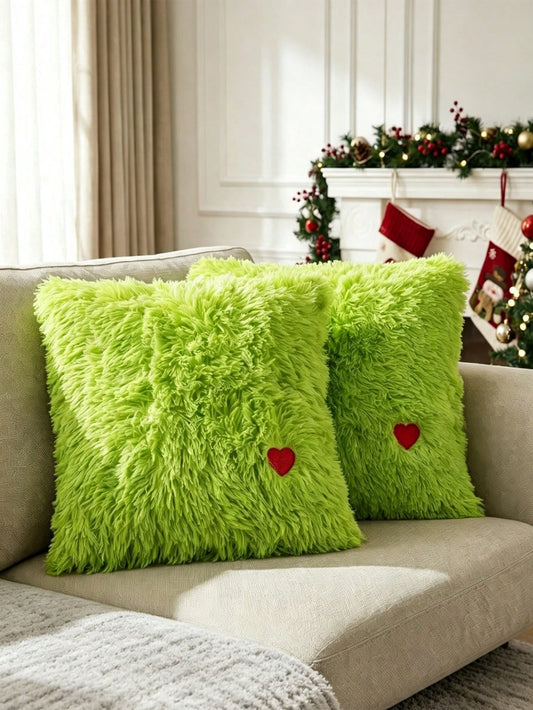 2Pcs Christmas Lime Green Throw Pillow Covers 18x18 Inch Decorative Whimsical Xmas Faux Fur Pillowcases With Zipper Closure Plush Soft Lime Green Fuzzy Decor For Christmas Couch Sofa,(Cute)Room Decor