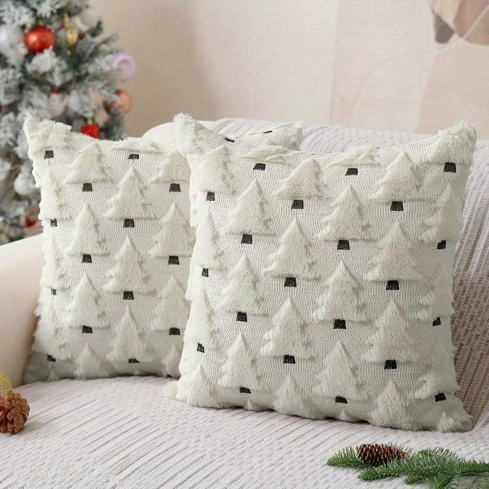 2Pcs Christmas Pillowcases, 18x18 Inches, Beige Christmas Tree Pattern, Soft Faux Fur Sherpa Pillowcases, Winter Holiday Decorations For Sofa Living Rooms