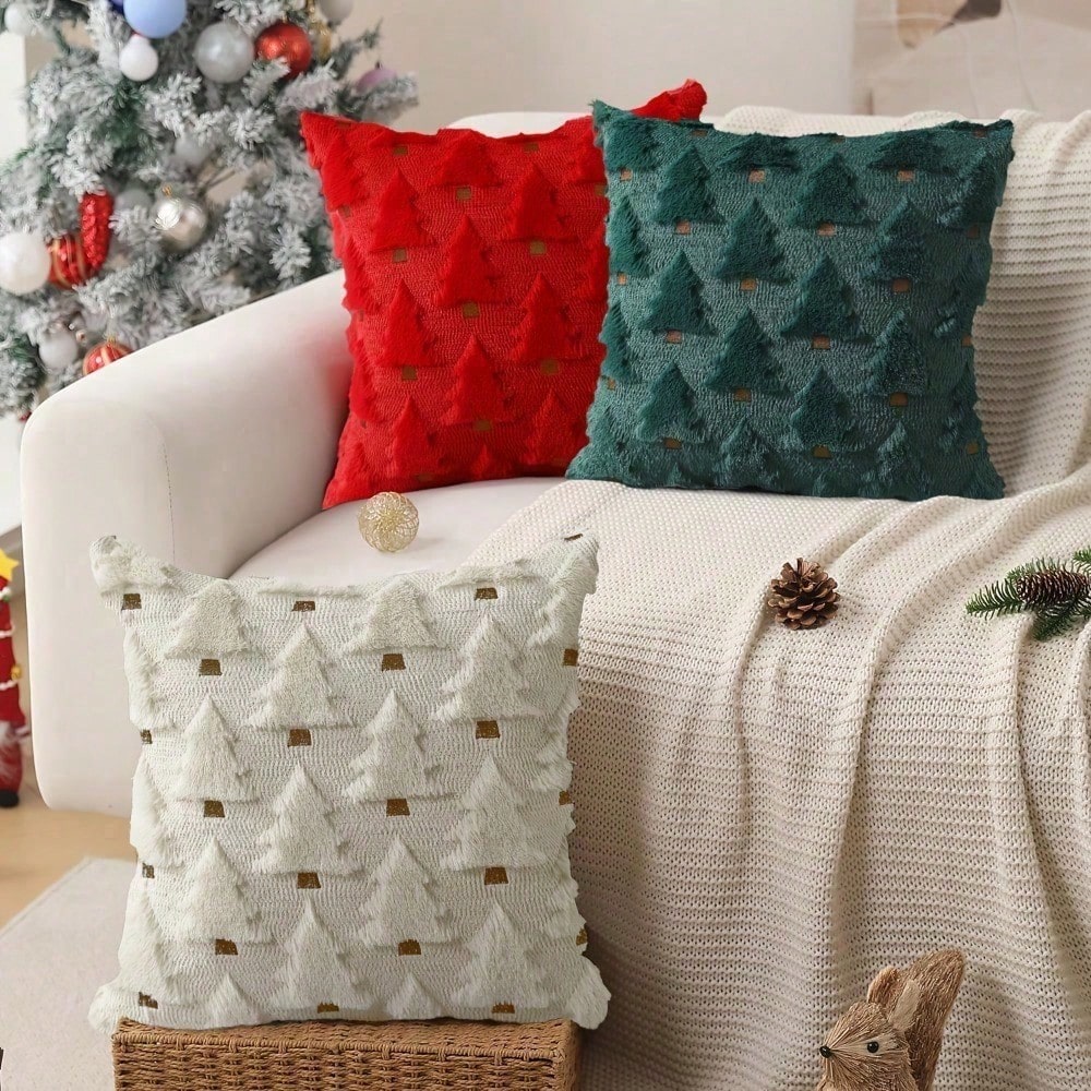 2Pcs Christmas Pillowcases, 18x18 Inches, Beige Christmas Tree Pattern, Soft Faux Fur Sherpa Pillowcases, Winter Holiday Decorations For Sofa Living Rooms
