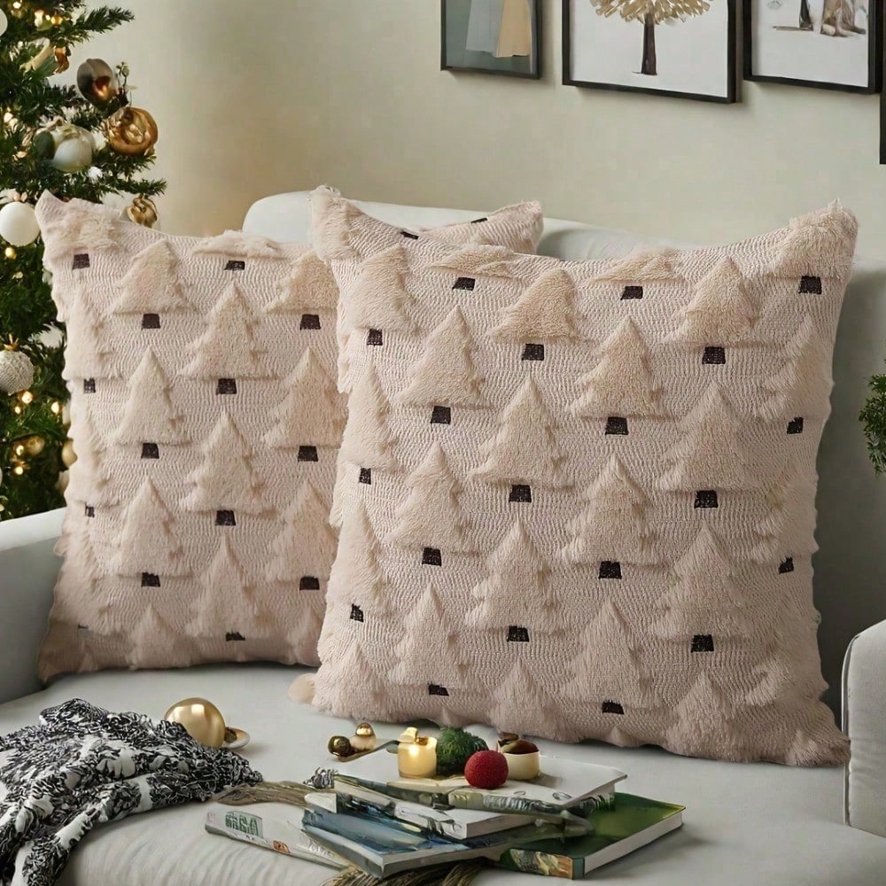 2Pcs Christmas Pillowcases, 18x18 Inches, Beige Christmas Tree Pattern, Soft Faux Fur Sherpa Pillowcases, Winter Holiday Decorations For Sofa Living Rooms