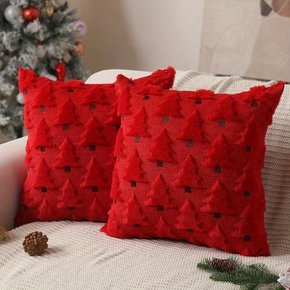 2Pcs Christmas Pillowcases, 18x18 Inches, Beige Christmas Tree Pattern, Soft Faux Fur Sherpa Pillowcases, Winter Holiday Decorations For Sofa Living Rooms