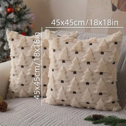 2Pcs Christmas Pillowcases, 18x18 Inches, Beige Christmas Tree Pattern, Soft Faux Fur Sherpa Pillowcases, Winter Holiday Decorations For Sofa Living Rooms