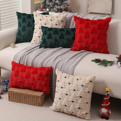 2Pcs Christmas Pillowcases, 18x18 Inches, Beige Christmas Tree Pattern, Soft Faux Fur Sherpa Pillowcases, Winter Holiday Decorations For Sofa Living Rooms