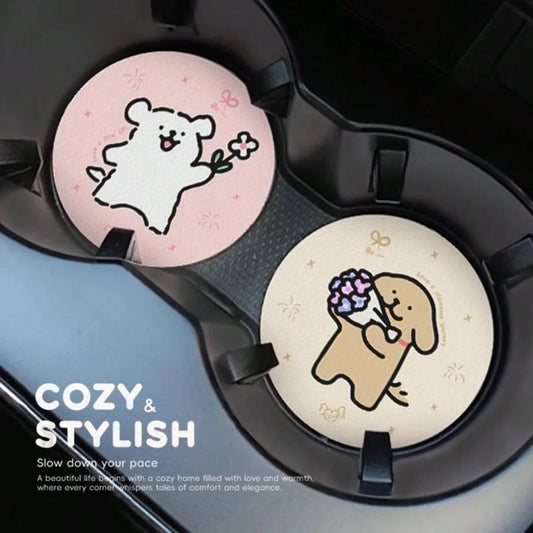 2pcs Cute Line Drawing Dog Car Cup Holder Coasters, High-End Car Interior Accessories, Couple Set