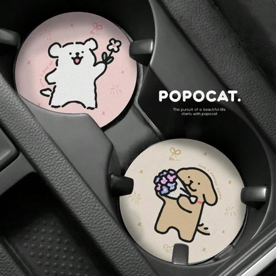 2pcs Cute Line Drawing Dog Car Cup Holder Coasters, High-End Car Interior Accessories, Couple Set