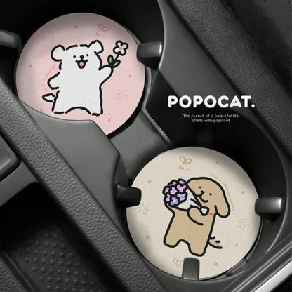 2pcs Cute Line Drawing Dog Car Cup Holder Coasters, High-End Car Interior Accessories, Couple Set
