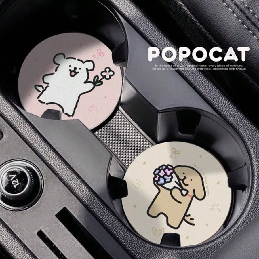 2pcs Cute Line Drawing Dog Car Cup Holder Coasters, High-End Car Interior Accessories, Couple Set