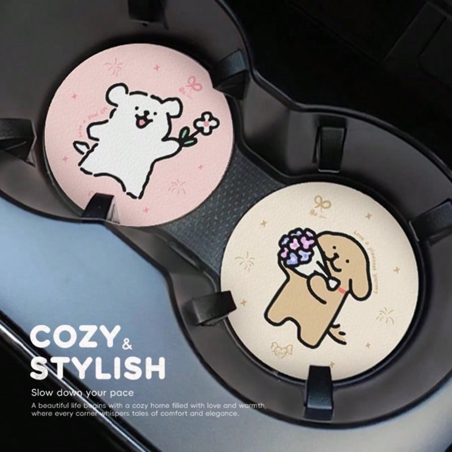 2pcs Cute Line Drawing Dog Car Cup Holder Coasters, High-End Car Interior Accessories, Couple Set