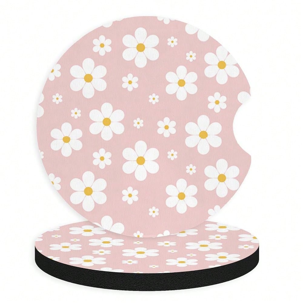 2pcs Cute White Flowers Car Coasters,Absorbent Universal Neoprener Cup Holder Coasters With A Finger Notch,Car Accessories For Women&Ma