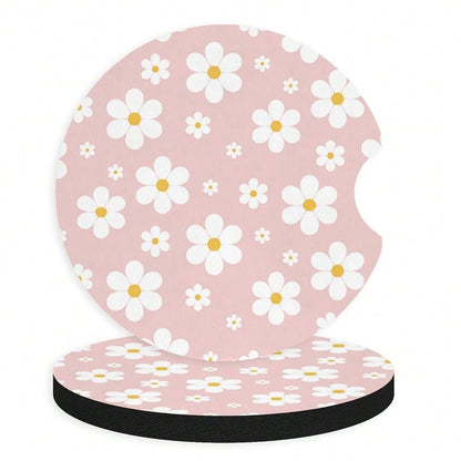 2pcs Cute White Flowers Car Coasters,Absorbent Universal Neoprener Cup Holder Coasters With A Finger Notch,Car Accessories For Women&Ma